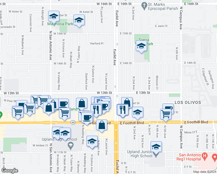 map of restaurants, bars, coffee shops, grocery stores, and more near 1318 North Laurel Avenue in Upland