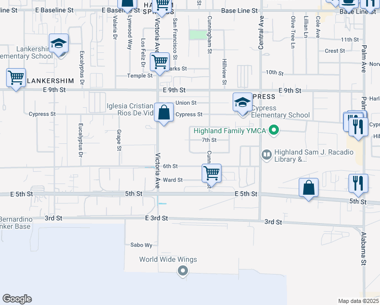 map of restaurants, bars, coffee shops, grocery stores, and more near 12280 San Francisco Street in Highland