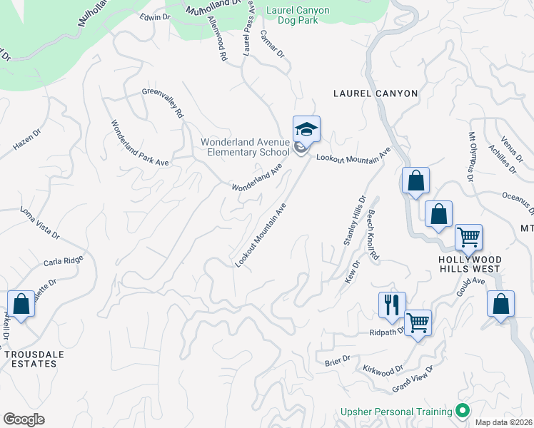 map of restaurants, bars, coffee shops, grocery stores, and more near 8621 Lookout Mountain Avenue in Los Angeles