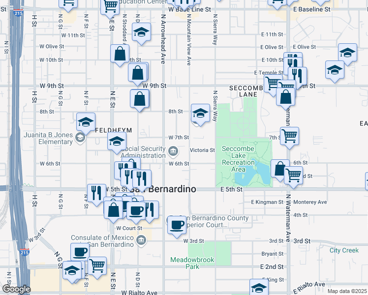 map of restaurants, bars, coffee shops, grocery stores, and more near 660 North Mountain View Avenue in San Bernardino