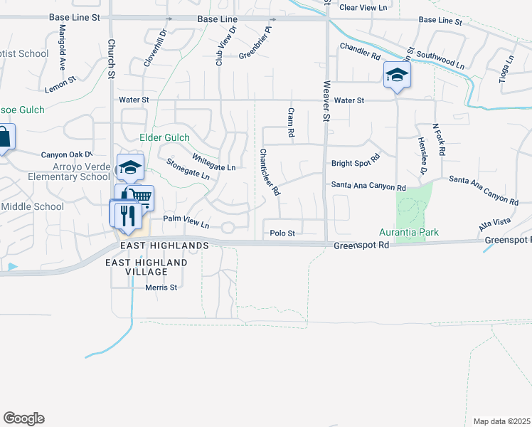 map of restaurants, bars, coffee shops, grocery stores, and more near 29330 Shelton Trail in Highland