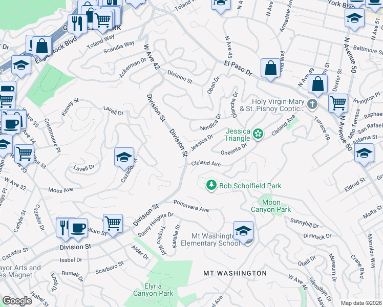 map of restaurants, bars, coffee shops, grocery stores, and more near 4510 Jessica Drive in Los Angeles