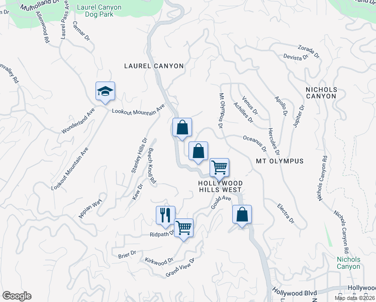 map of restaurants, bars, coffee shops, grocery stores, and more near 8159 Laurelmont Drive in West Hollywood