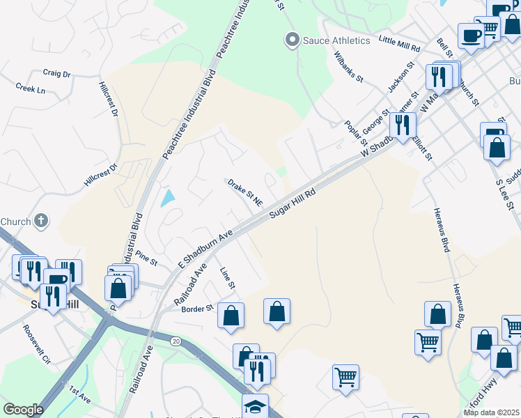 map of restaurants, bars, coffee shops, grocery stores, and more near 1120 West Shadburn Avenue in Buford