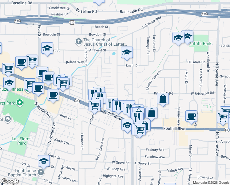 map of restaurants, bars, coffee shops, grocery stores, and more near 3800 Bradford Street in La Verne