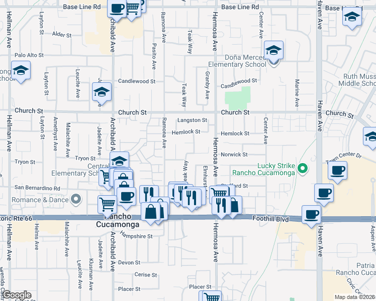 map of restaurants, bars, coffee shops, grocery stores, and more near 7841 Dartmouth Avenue in Rancho Cucamonga