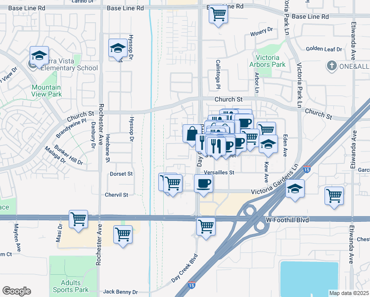 map of restaurants, bars, coffee shops, grocery stores, and more near 7828 Day Creek Boulevard in Rancho Cucamonga
