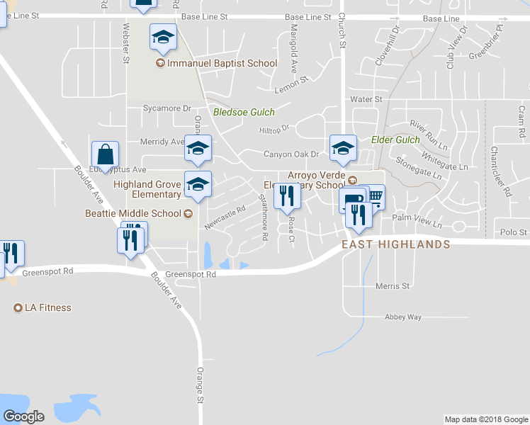 map of restaurants, bars, coffee shops, grocery stores, and more near 28699 Strathmore Road in Highland