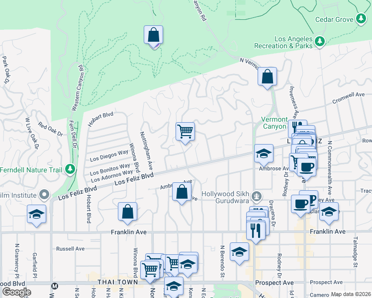 map of restaurants, bars, coffee shops, grocery stores, and more near 2246 North Edgemont Street in Los Angeles