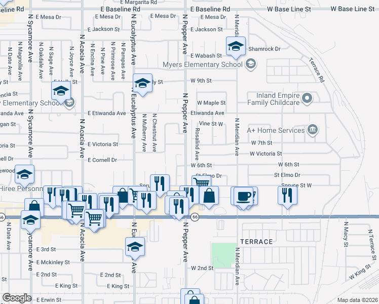 map of restaurants, bars, coffee shops, grocery stores, and more near 665 North Pepper Avenue in Rialto