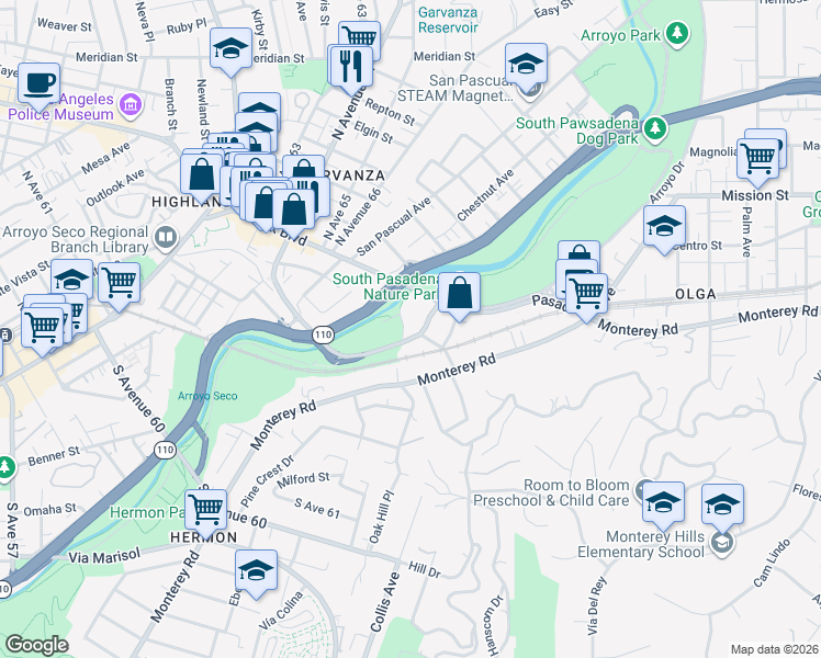 map of restaurants, bars, coffee shops, grocery stores, and more near 116 Marmion Way in South Pasadena