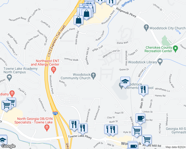 map of restaurants, bars, coffee shops, grocery stores, and more near 250 Rope Mill Road in Woodstock