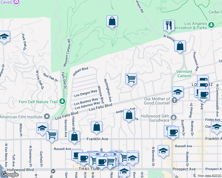 map of restaurants, bars, coffee shops, grocery stores, and more near 2324 Nottingham Avenue in Los Angeles