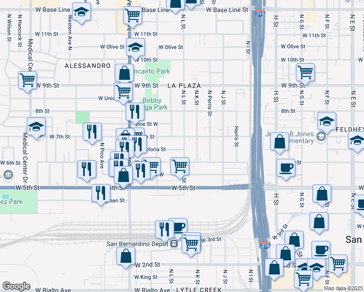 map of restaurants, bars, coffee shops, grocery stores, and more near 674 North L Street in San Bernardino