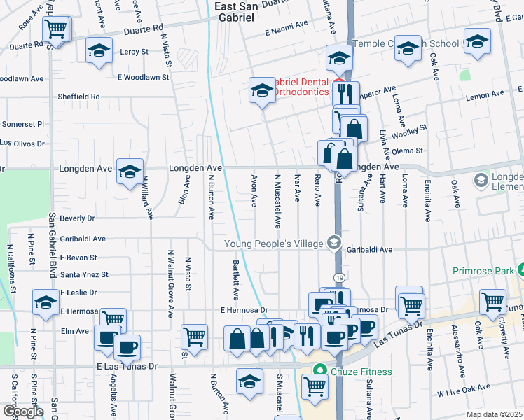 map of restaurants, bars, coffee shops, grocery stores, and more near 6204 Avon Avenue in San Gabriel