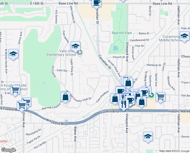 map of restaurants, bars, coffee shops, grocery stores, and more near 8650 Calle Quebrada in Rancho Cucamonga