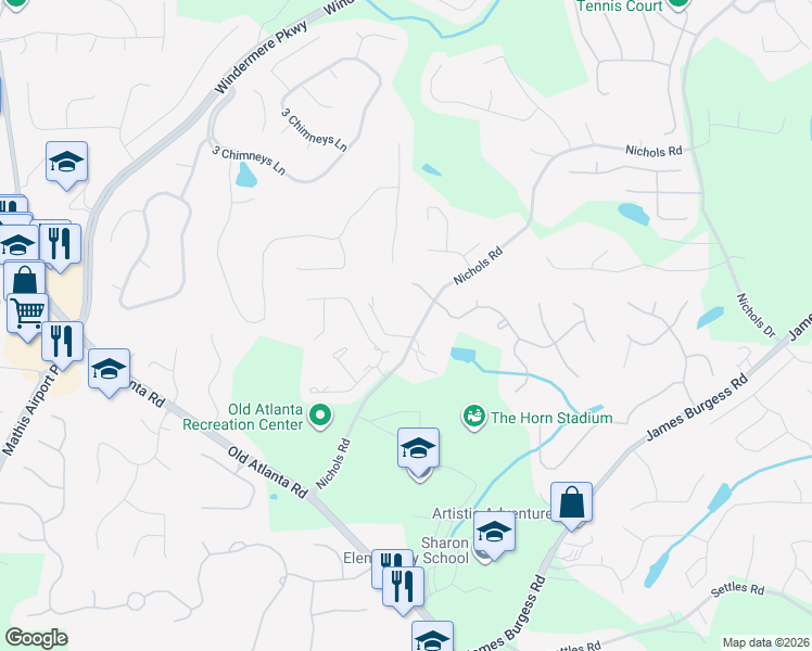 map of restaurants, bars, coffee shops, grocery stores, and more near 562 Nichols Rd in Suwanee