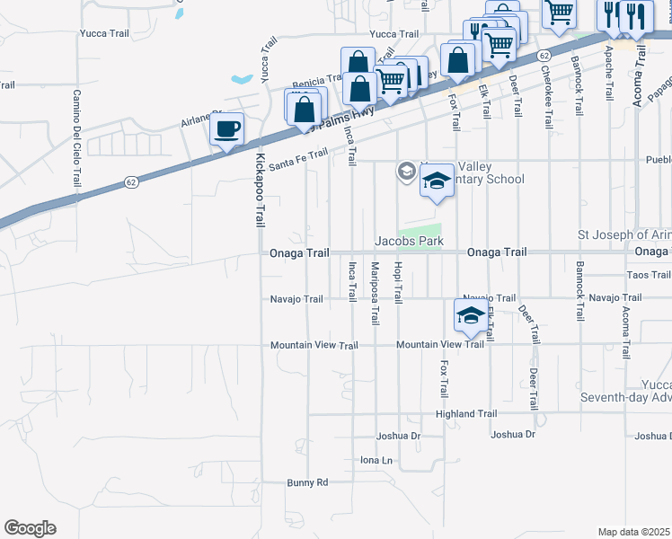 map of restaurants, bars, coffee shops, grocery stores, and more near 7737 Shawnee Trail in Yucca Valley
