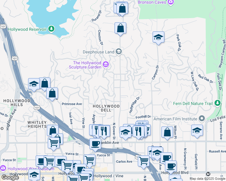map of restaurants, bars, coffee shops, grocery stores, and more near 6147 Temple Hill Drive in Los Angeles