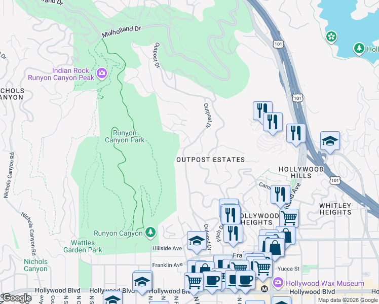 map of restaurants, bars, coffee shops, grocery stores, and more near 2200 Outpost Drive in Los Angeles