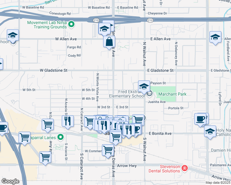 map of restaurants, bars, coffee shops, grocery stores, and more near 416 North San Dimas Avenue in San Dimas