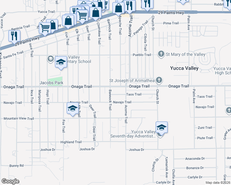 map of restaurants, bars, coffee shops, grocery stores, and more near 56026 Taos Trail in Yucca Valley