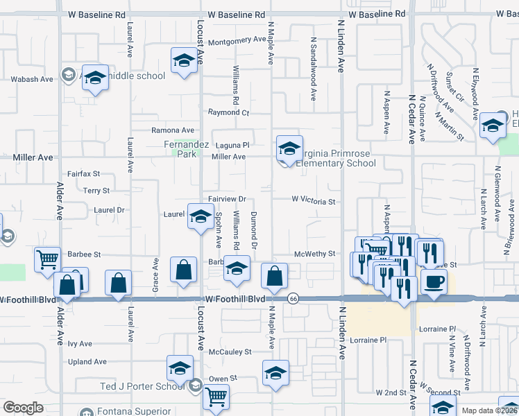 map of restaurants, bars, coffee shops, grocery stores, and more near 7848 Dumond Drive in Fontana
