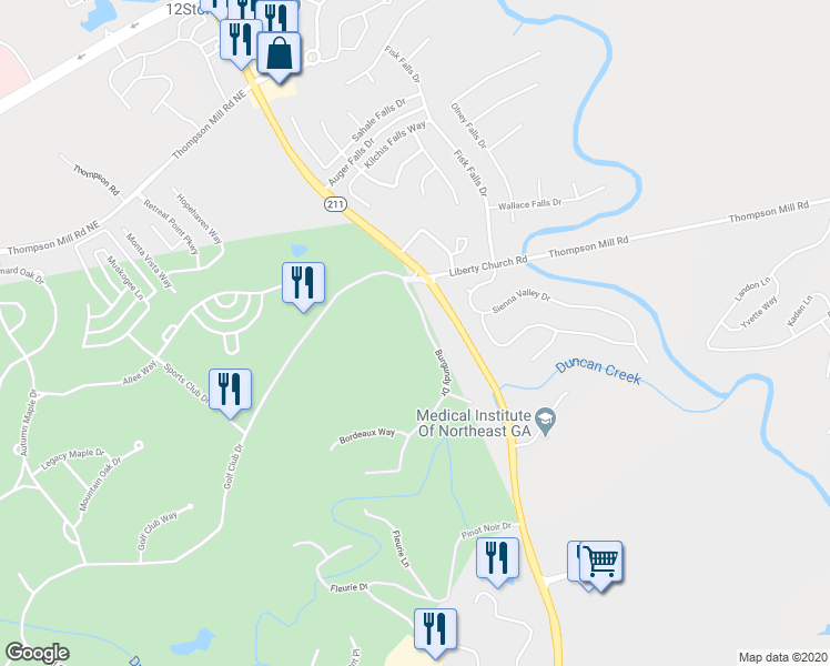 map of restaurants, bars, coffee shops, grocery stores, and more near 2048 Burgundy Drive in Braselton