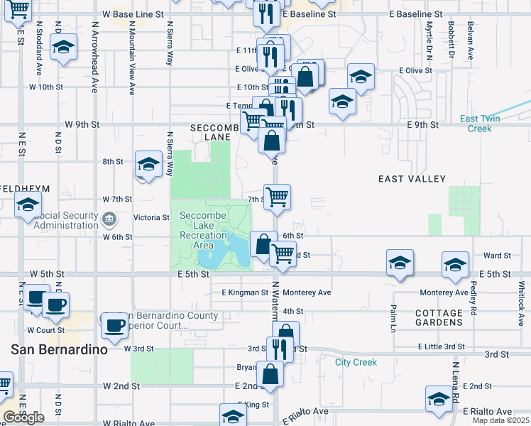 map of restaurants, bars, coffee shops, grocery stores, and more near 697 North Waterman Avenue in San Bernardino