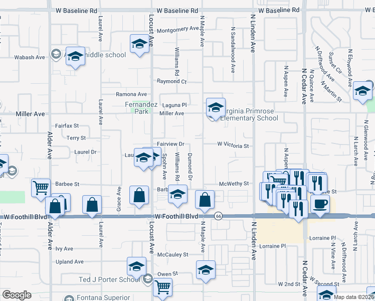 map of restaurants, bars, coffee shops, grocery stores, and more near 7848 Dumond Drive in Fontana