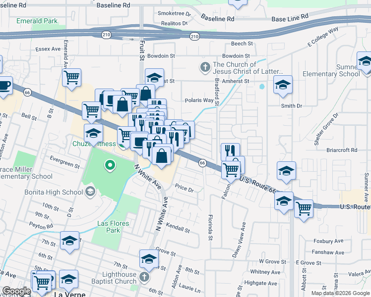 map of restaurants, bars, coffee shops, grocery stores, and more near 2497 Foothill Boulevard in La Verne