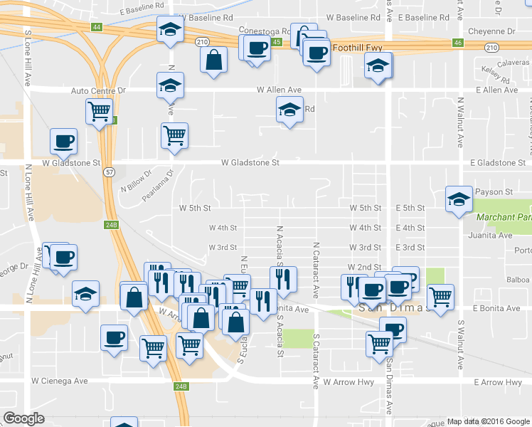 map of restaurants, bars, coffee shops, grocery stores, and more near 418 West 5th Street in San Dimas