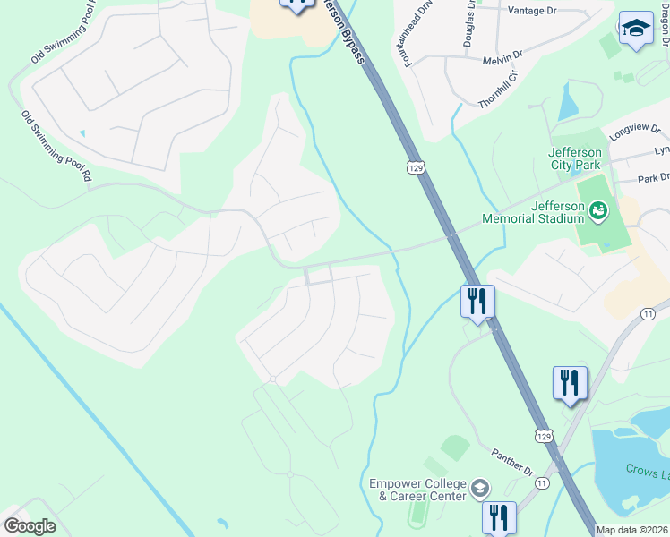 map of restaurants, bars, coffee shops, grocery stores, and more near 1250 Hawkins Creek Drive in Jefferson