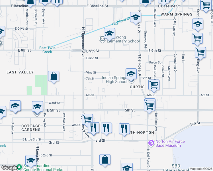 map of restaurants, bars, coffee shops, grocery stores, and more near 7838 Fairfax Lane in San Bernardino