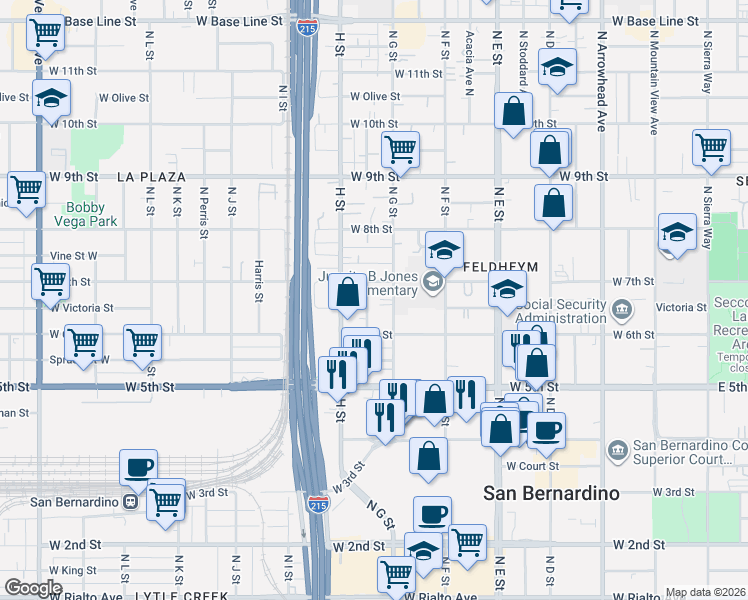 map of restaurants, bars, coffee shops, grocery stores, and more near 670 North Crescent Avenue in San Bernardino