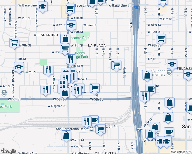 map of restaurants, bars, coffee shops, grocery stores, and more near 674 North L Street in San Bernardino