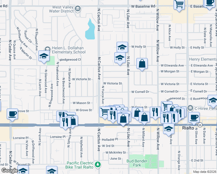 map of restaurants, bars, coffee shops, grocery stores, and more near 661 North Yucca Avenue in Rialto