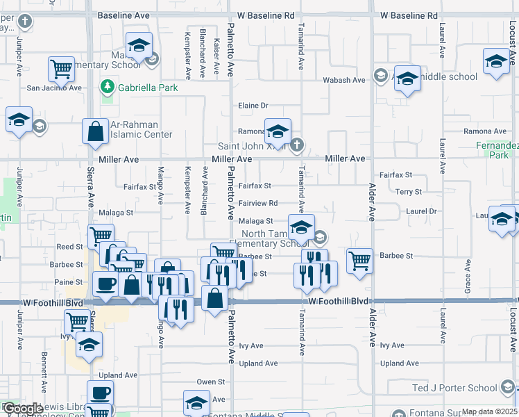 map of restaurants, bars, coffee shops, grocery stores, and more near 17347 Fairview Road in Fontana
