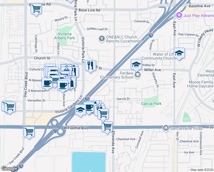 map of restaurants, bars, coffee shops, grocery stores, and more near 7950 Etiwanda Avenue in Rancho Cucamonga