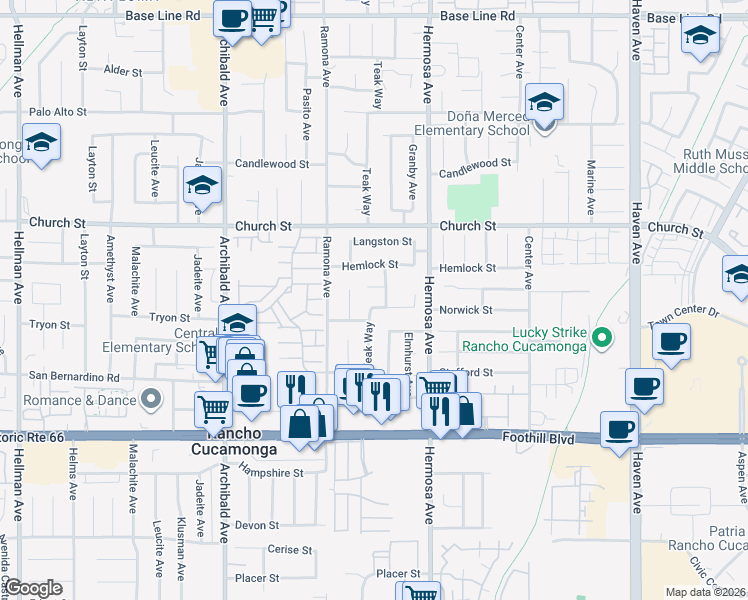 map of restaurants, bars, coffee shops, grocery stores, and more near 7841 Dartmouth Avenue in Rancho Cucamonga
