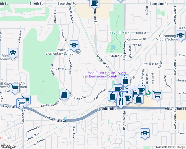 map of restaurants, bars, coffee shops, grocery stores, and more near 8650 Calle Quebrada in Rancho Cucamonga