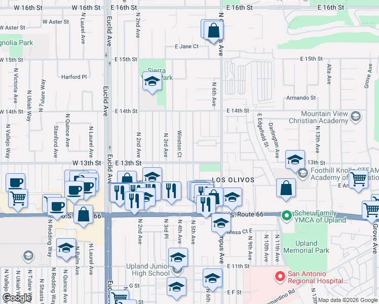 map of restaurants, bars, coffee shops, grocery stores, and more near 1318 Winston Court in Upland