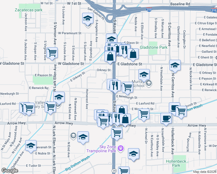 map of restaurants, bars, coffee shops, grocery stores, and more near 156 Cindy Lou Court in Azusa