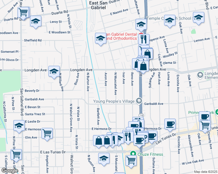 map of restaurants, bars, coffee shops, grocery stores, and more near 6204 Avon Avenue in San Gabriel