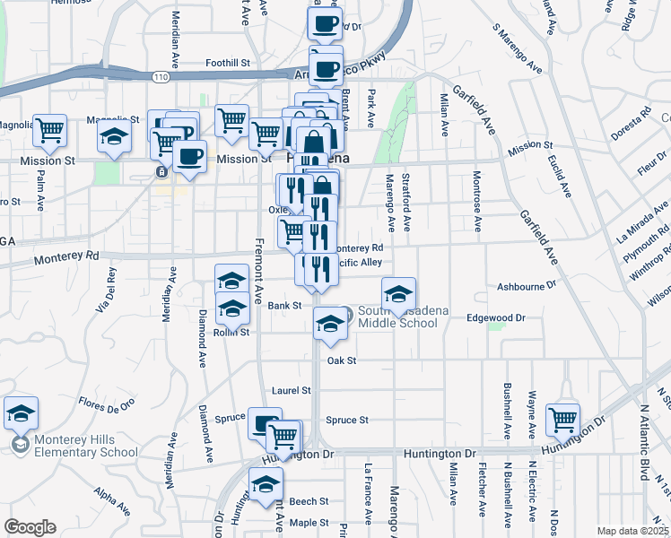 map of restaurants, bars, coffee shops, grocery stores, and more near 1626 Lyndon Street in South Pasadena