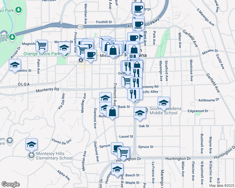 map of restaurants, bars, coffee shops, grocery stores, and more near 1325 Monterey Road in South Pasadena