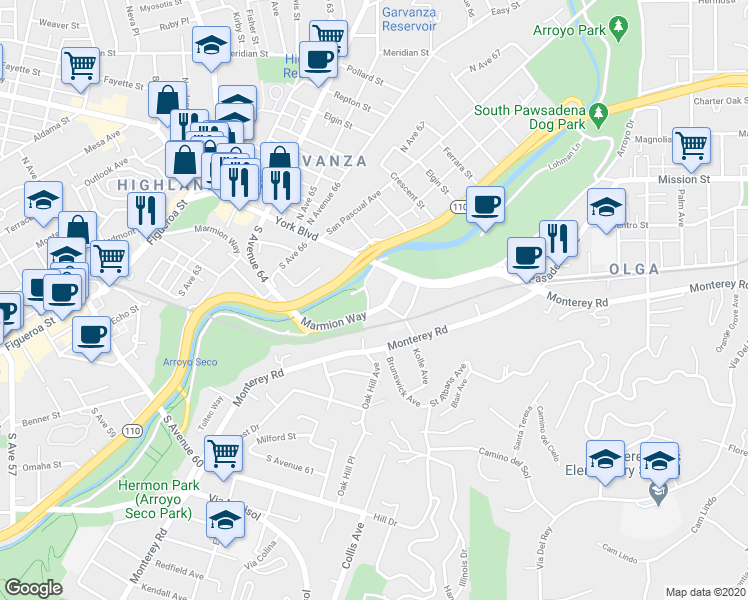 map of restaurants, bars, coffee shops, grocery stores, and more near in South Pasadena
