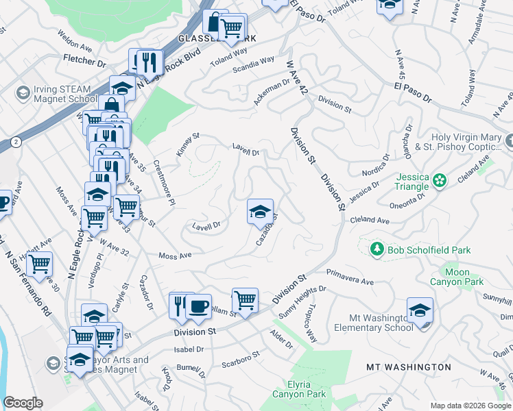 map of restaurants, bars, coffee shops, grocery stores, and more near 3735 Parrish Avenue in Los Angeles