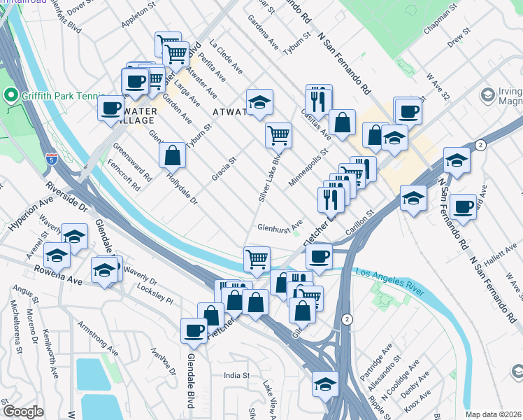 map of restaurants, bars, coffee shops, grocery stores, and more near 3111 Madera Avenue in Los Angeles