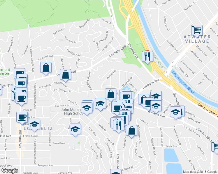 map of restaurants, bars, coffee shops, grocery stores, and more near 3223 Rowena Avenue in Los Angeles
